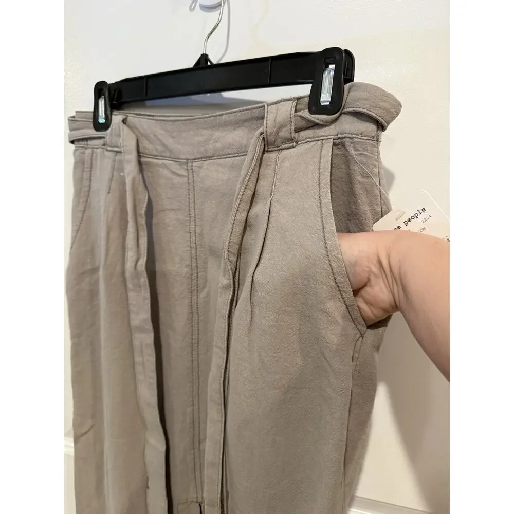 Free People Womens Sz 2 Linen Cotton Midi Skirt Mushroom Belted Front Slit Boho